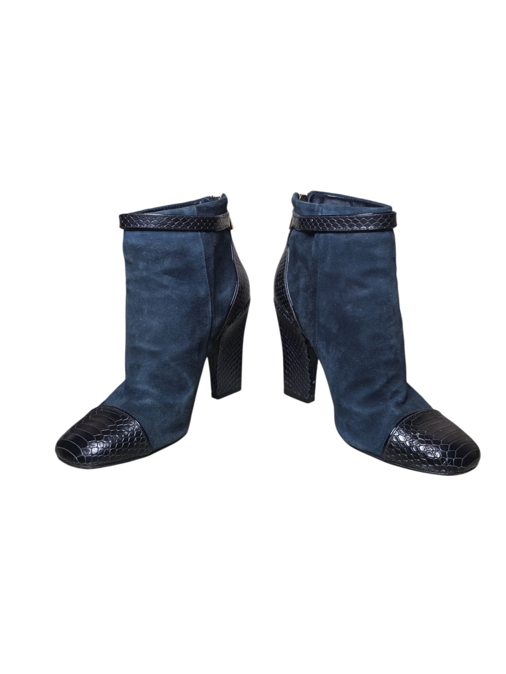 Tory Burch Navy Suede & Black Croc-Trim Ankle Booties